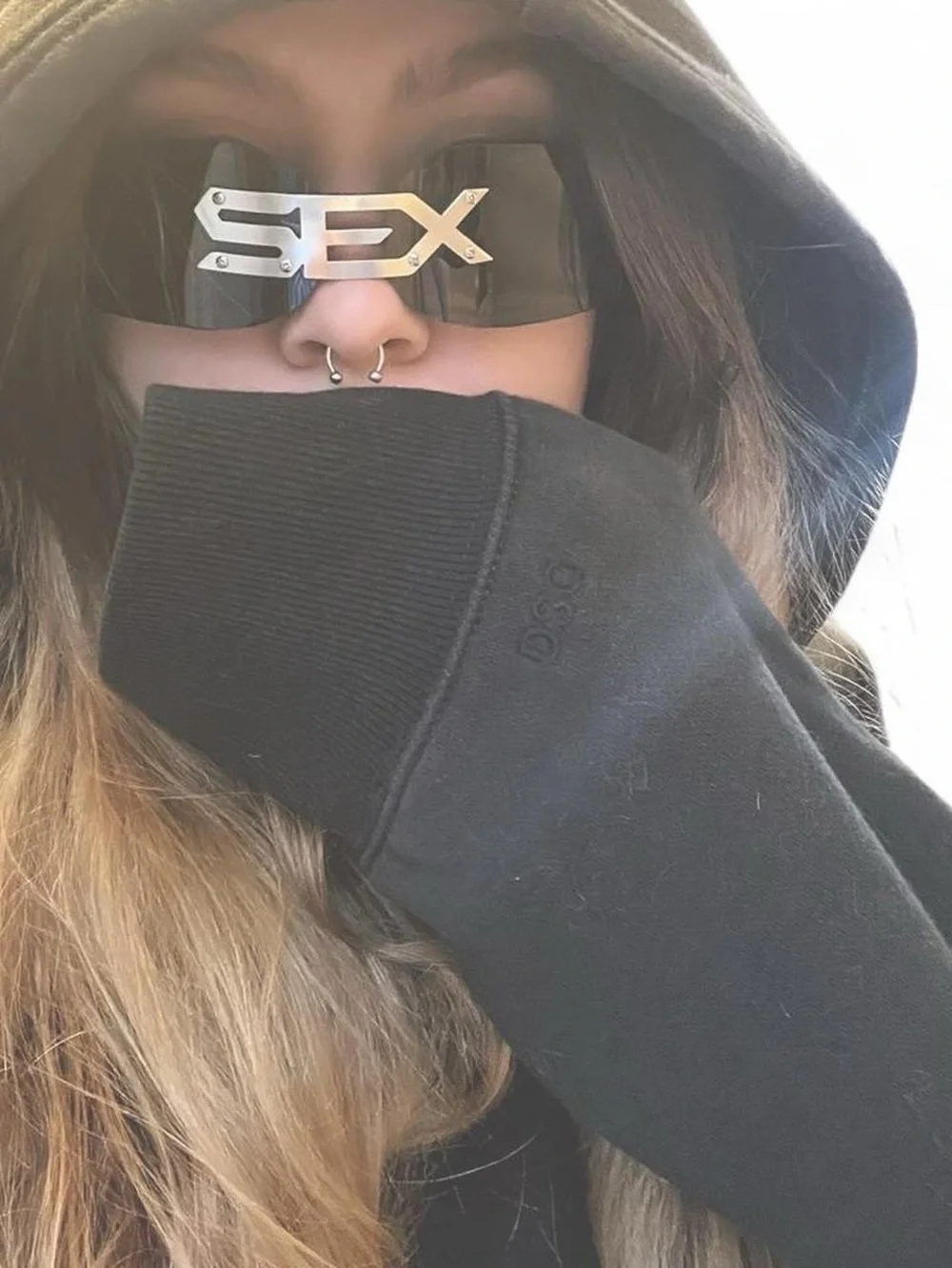 Sunglasses Shield Visor with Metal 'SEX' Logo - Black